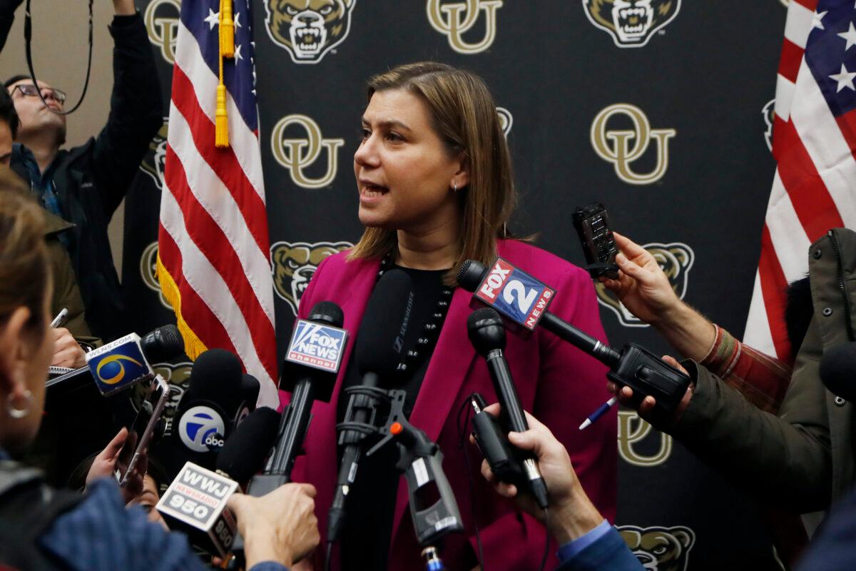 Rep. Elissa Slotkin (D-Mich.) addresses the media after holding a constituent community conversation at Oakland University in Rochester, Mich., on Dec. 16, 2019. Slotkin, a freshman Democrat who flipped a battleground Republican seat, said Monday she will vote to impeach President Donald Trump. (Carlos Osorio/AP Photo)