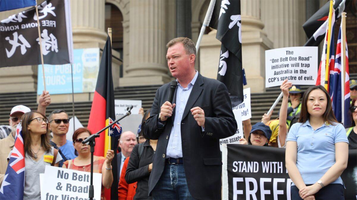 Edward O'Donoghue Liberal MP speaking at the “Standing against Daniel Andrews Belt & Road Signing” rally held at the steps of Victoria Parliament on Dec. 15, 2019. (Grace Yu/Epoch Times)