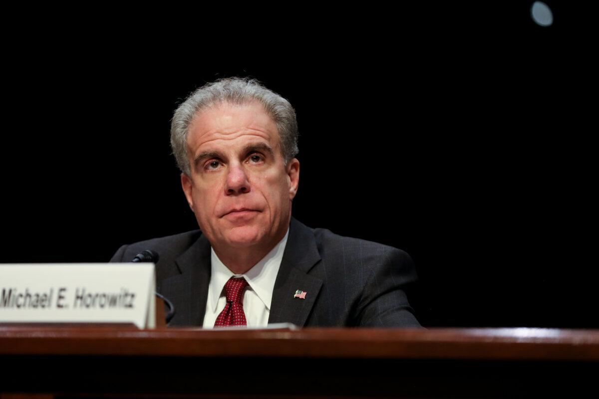 Department of Justice Inspector General Michael Horowitz testifies in front of the Senate Judiciary Committee in Washington on Dec. 11, 2019. (Charlotte Cuthbertson/The Epoch Times)