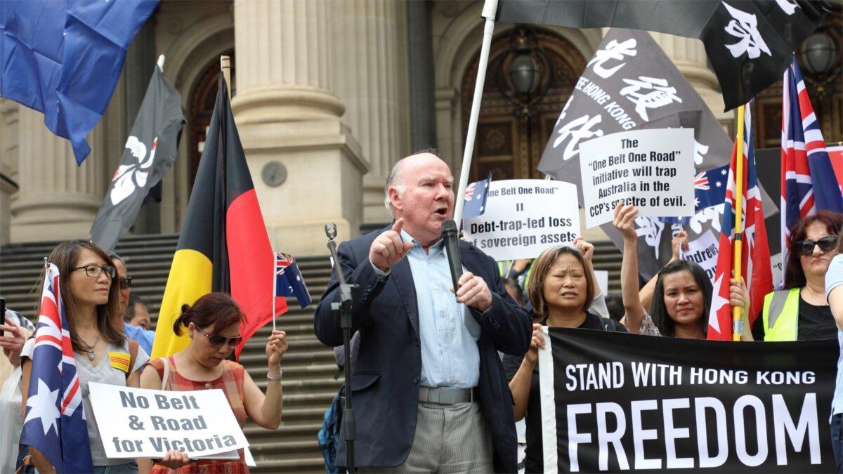 Peter Westmore, president of the National Civic Council speaking at the “Standing against Daniel Andrews Belt & Road Signing” rally held at the steps of Victoria Parliament on Dec. 15, 2019. (Grace Yu/Epoch Times)