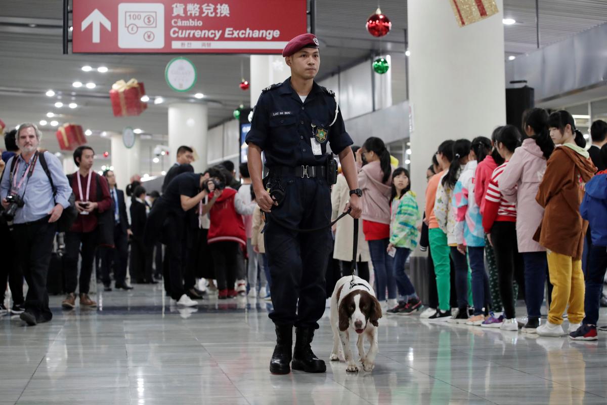 A security personnel walks with a sniffer dog before Chinese leader Xi Jinping's arrival at Macau International Airport in Macau, China on Dec. 18, 2019, ahead of the 20th anniversary of the former Portuguese colony's return to China. (Jason Lee/Reuters)