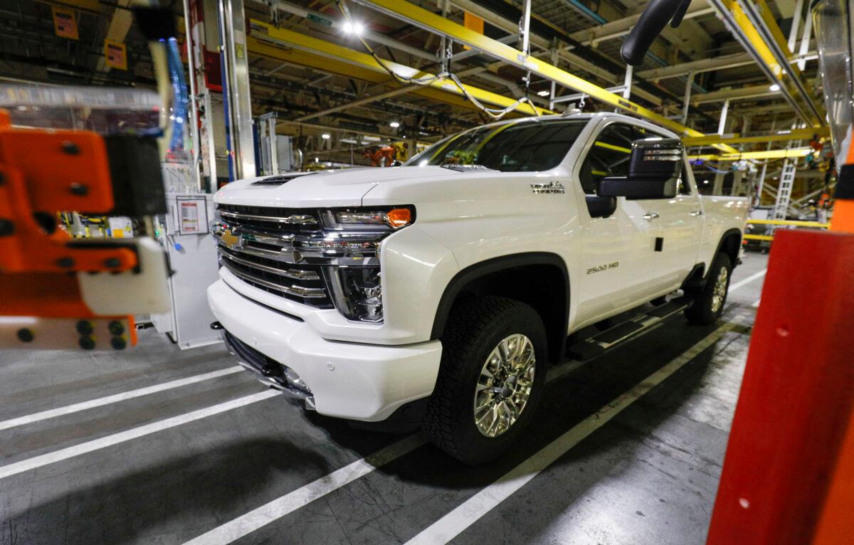A 2020 Chevrolet Silverado HD is shown on the assembly line at the General Motors Flint Assembly Plant in Flint, Mich., on Feb. 5, 2019. (Bill Pugliano/Getty Images)
