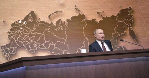 Russian President Vladimir Putin speaks during his annual news conference in Moscow, Russia, on Dec. 19, 2019. (Alexei Druzhinin, Sputnik, Kremlin Pool Photo via AP)