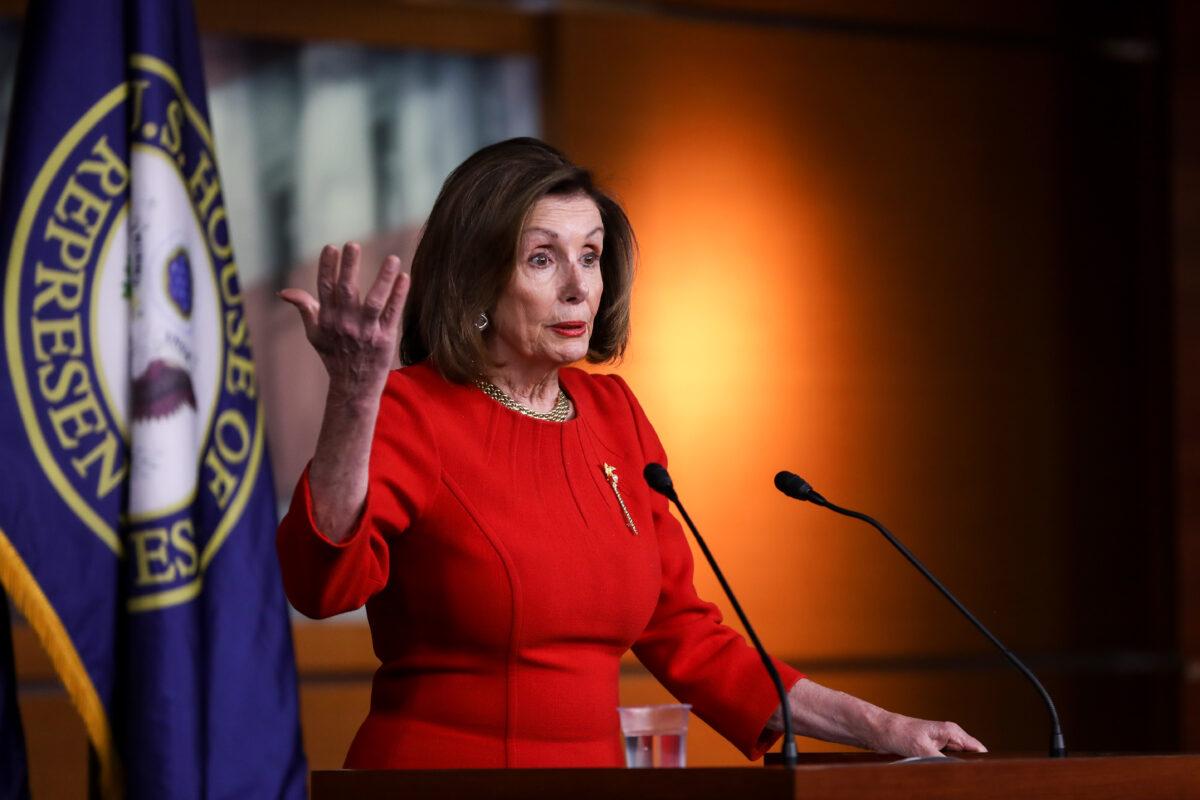 House Speaker Nancy Pelosi (D-Calif.) speaks to media at the Capitol in Washington on Dec. 19, 2019. (Charlotte Cuthbertson/The Epoch Times)