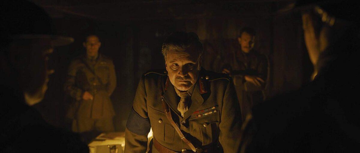 General Erinmore (Colin Firth) divulges some disturbing info to his troops, in the film "1917."