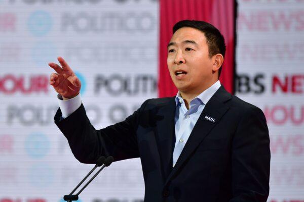 Democratic presidential hopeful entrepreneur Andrew Yang speaks during the sixth Democratic primary debate of the 2020 presidential campaign season at Loyola Marymount University in Los Angeles, California, on Dec. 19, 2019. (Frederic J. Brown/AFP via Getty Images)