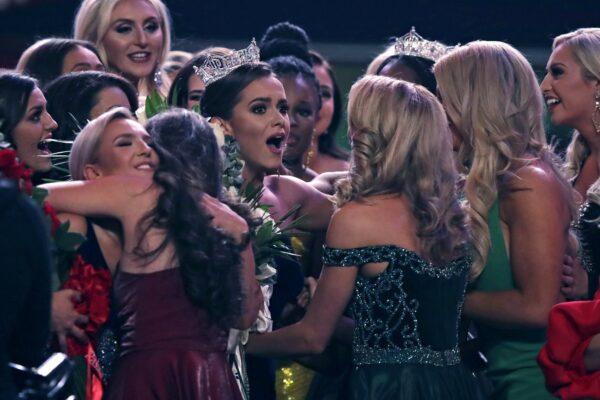 Camille Schrier, of Virginia, center, is congratulated after winning the Miss America competition at the Mohegan Sun casino in Uncasville, Conn., on Dec. 19, 2019. (Charles Krupa/AP Photo)