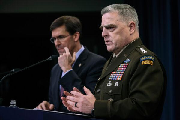 (L-R) Secretary of Defense Mark Esper and Chairman of the Joint Chiefs of Staff Army Gen. Mark Milley hold an end of year press conference at the Pentagon in Arlington, Va., on Dec. 20, 2019. (Drew Angerer/Getty Images)