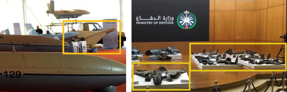 Unmanned aerial vehicle (UAV) airframe wreckage from the Sept. 14, 2019 attack on an Aramco oil facility in Saudi Arabia shown on display (R) is believed by U.S. government authorities to resemble a delta wing UAV displayed alongside several other Iranian UAVs during an Iranian Revolutionary Guard Corps exhibition (L). (U.S. govt/Handout via Reuters)