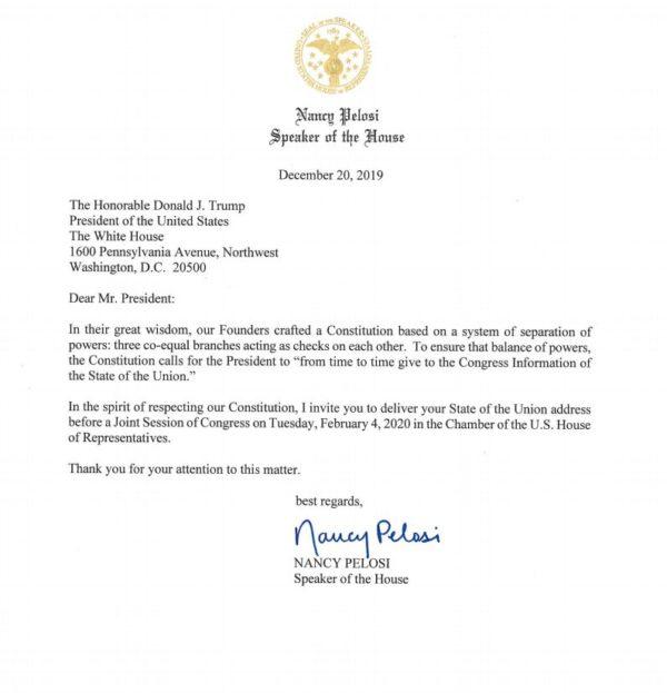 Speaker Nancy Pelosi (D-Calif.) on Dec. 20, 2019, invited President Trump to deliver the annual State of the Union address on Feb. 4, 2020. (US House of Representative)