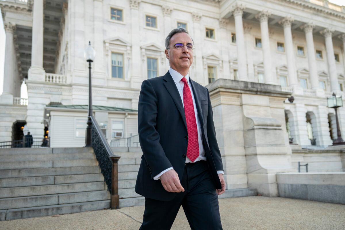 White House Counsel Pat Cipollone exits the U.S. Capitol after meeting with Senate Majority Leader Mitch McConnell (R-Ky.) in Washington on Dec. 12, 2019. (Drew Angerer/Getty Images)