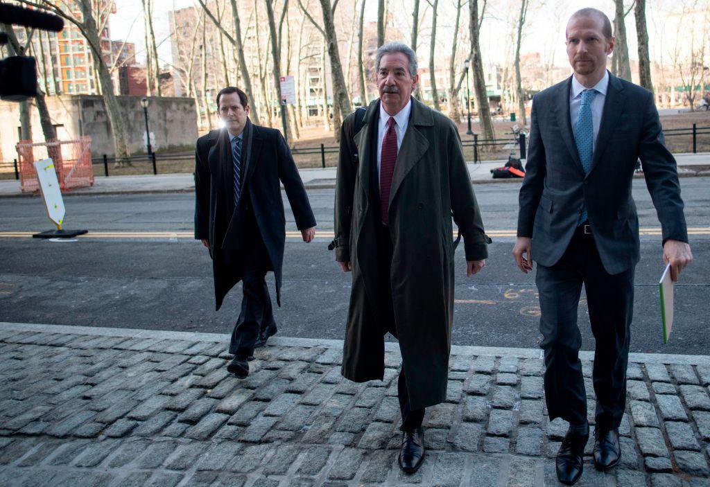 The attorneys for Huawei (L-R) Michael Levy, James Cole, and David Bitkower arrive for the hearing over allegations that Huawei affiliates breached U.S. sanctions on Iran, at the Federal Courthouse in New York on March 14, 2019. (Johannes Eisele/AFP via Getty Images)