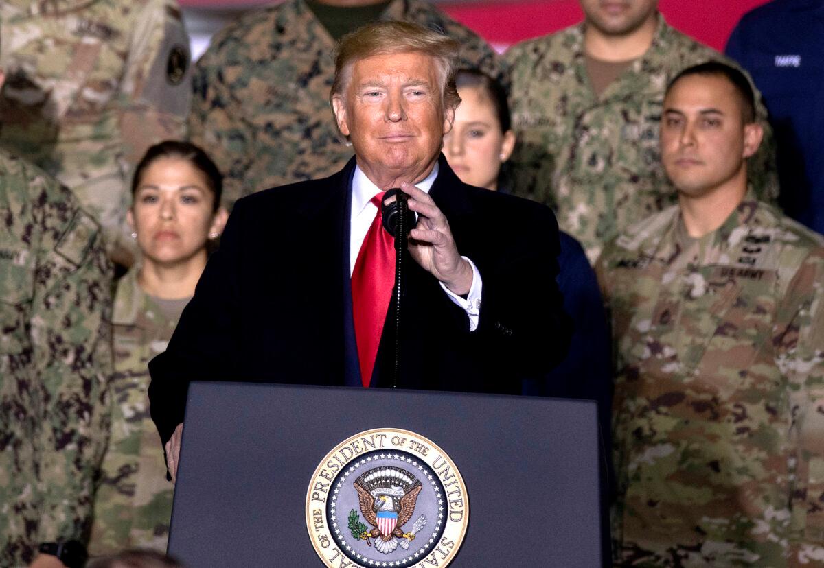 President Donald Trump speaks at the signing ceremony for The National Defense Authorization Act for Fiscal Year 2020 at Joint Base Andrews, Md., on Dec. 20, 2019. (Tasos Katopodis/Getty Images)