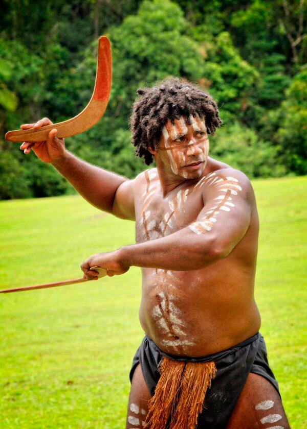 At a cultural show near Cairns, an Australian aborigine demonstrates the proper way to throw a boomerang. (Fred J. Eckert)