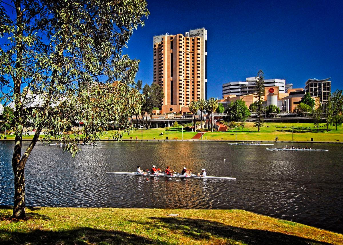 Adelaide, one of the nicest, best-planned cities anywhere, stands by the Mount Lofty Ranges close to the Murray River valley in a fertile area known for its wines. (Fred J. Eckert)