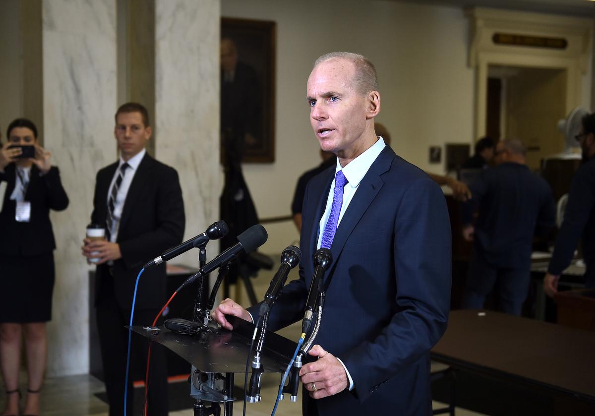 Then-Boeing CEO Dennis Muilenburg makes a statement to the media before testifying at a hearing in front of a congressional lawmakers on Capitol Hill in Washington on Oct. 30, 2019. (Olivier Douliery/AFP via Getty Images)