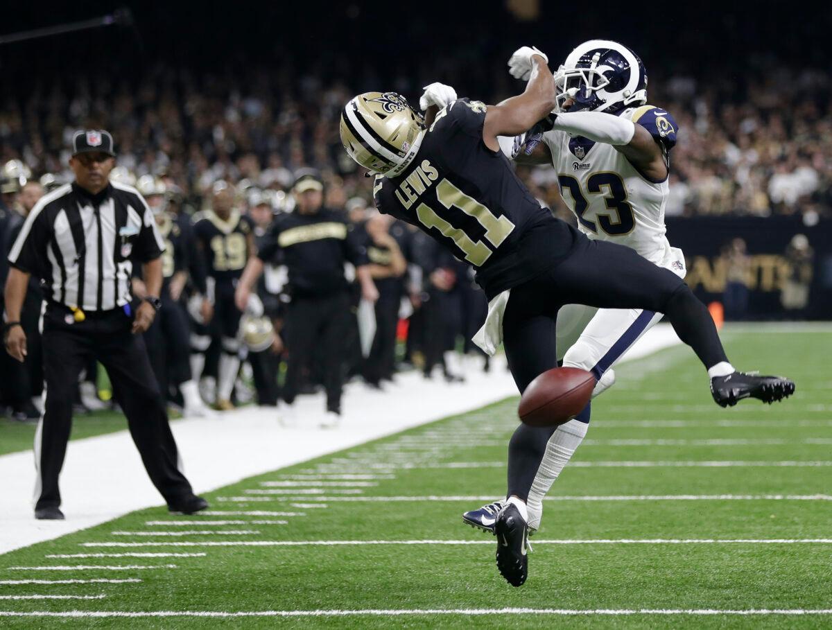 Los Angeles Rams defensive back Nickell Robey-Coleman (23) breaks up a pass intended for New Orleans Saints wide receiver Tommylee Lewis (11) late in the second half of the NFC championship NFL football game in New Orleans. The Rams won 26-23 Jan. 20, 2019. (Gerald Herbert/AP-File)