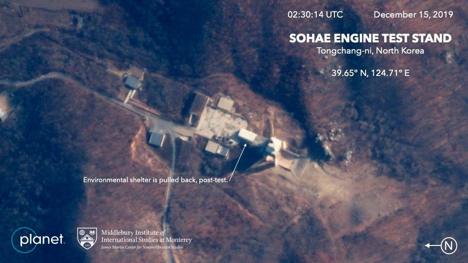 This Dec. 15, 2019, satellite image from Planet Lab Inc., that has been analyzed by experts at the Middlebury Institute of International Studies, shows the Sohae Engine Test Stand in Tongchang-ri, North Korea. (Planet Labs Inc, Middlebury Institute of International Studies via AP)