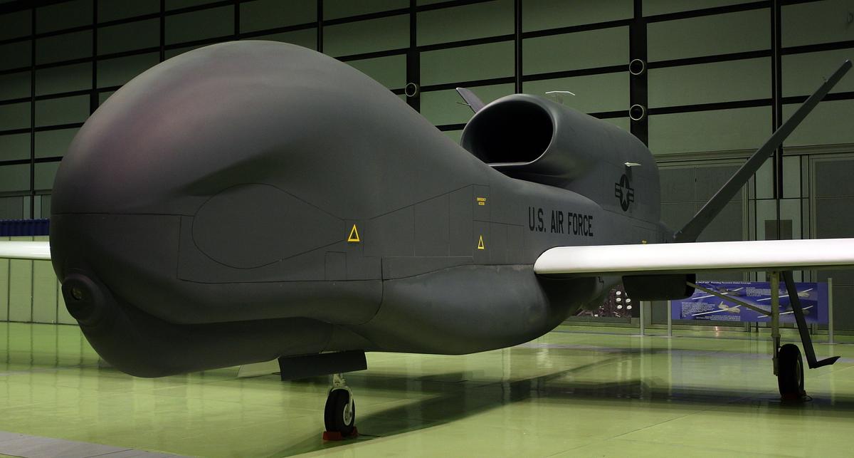 A full-scale model of The RQ-4 Global Hawk unmanned plane is displayed during a presentation at PiO Exhibition Center in Tokyo, Japan, on March 24, 2010. (Koichi Kamoshida/Getty Images)