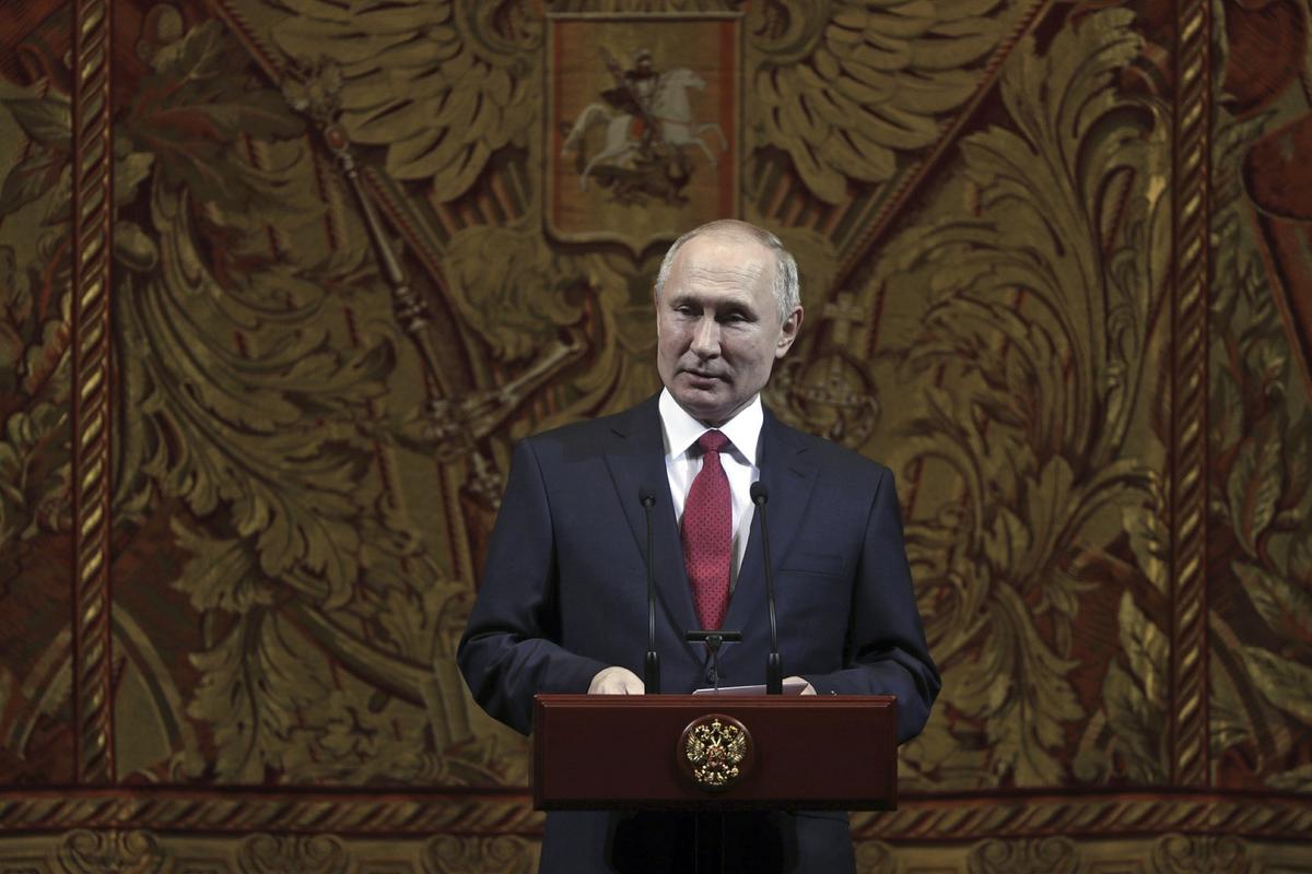 Russian President Vladimir Putin delivers his speech at a gala on the occasion of the New Year at the Bolshoi Theater in Moscow, Russia on Dec. 26, 2019. (Mikhail Metzel/Sputnik, Kremlin Pool Photo via AP)