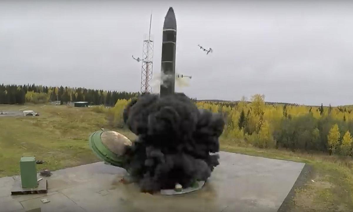 In this photo taken from undated footage distributed by Russian Defense Ministry Press Service, an intercontinental ballistic missile lifts off from an underground silo somewhere in Russia. (Russian Defense Ministry Press Service via AP)
