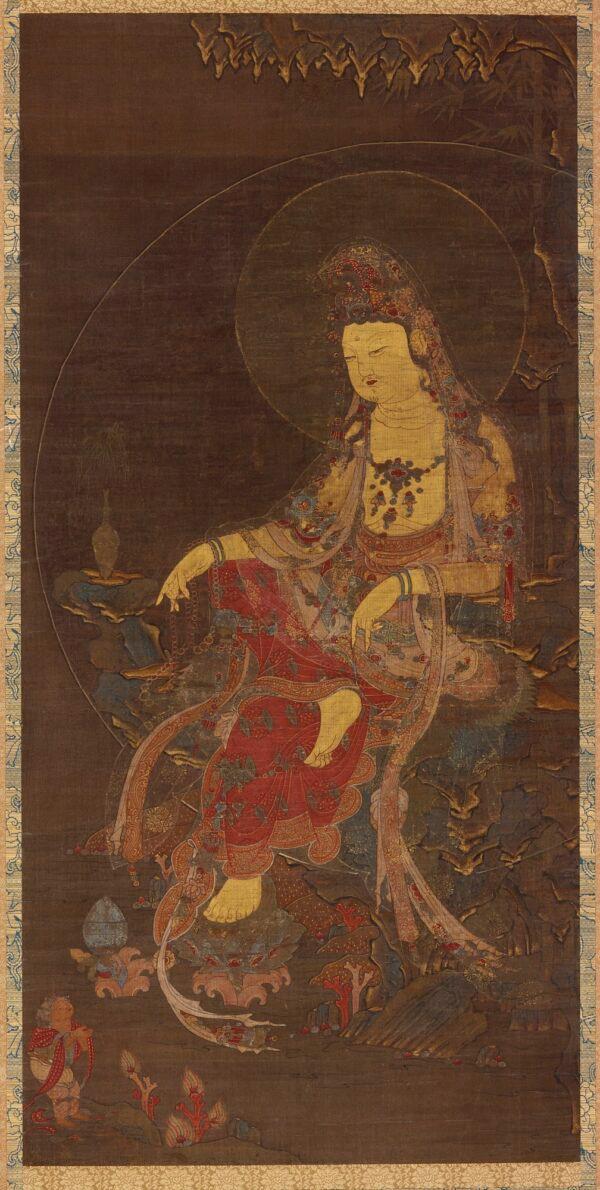 Bodhisattva Avalokiteshvara (Gwaneum), Goryeo Dynasty, mid-14th century, Korea.<br/>Close-up of the painted panel on the hanging scroll; ink, color, and gold on silk. Gift of Charles Lang Freer. (Freer Gallery of Art)