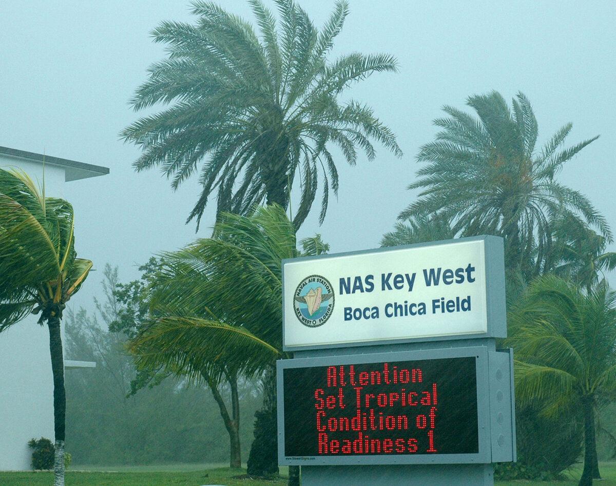 Rising sea temperatures around Florida may intensify tropical storms, scientists say. This photo was shot at the Naval Station Key West during Tropical Storm Fay on Aug. 18, 2008. (James E. Brooks/U.S. Navy via Getty Images)