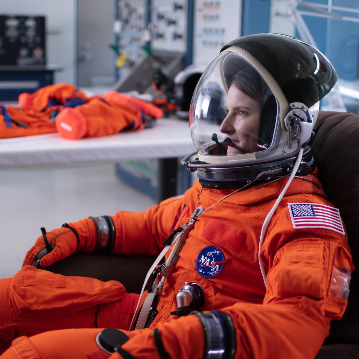 NASA astronaut candidate Kayla Barron after donning her spacesuit at NASA's Johnson Space Center in Houston, Texas, on July 12, 2019 (©NASA | <a href="https://www.flickr.com/photos/nasa2explore/48466927517/in/album-72157698260056092/">Bill Ingalls</a>)