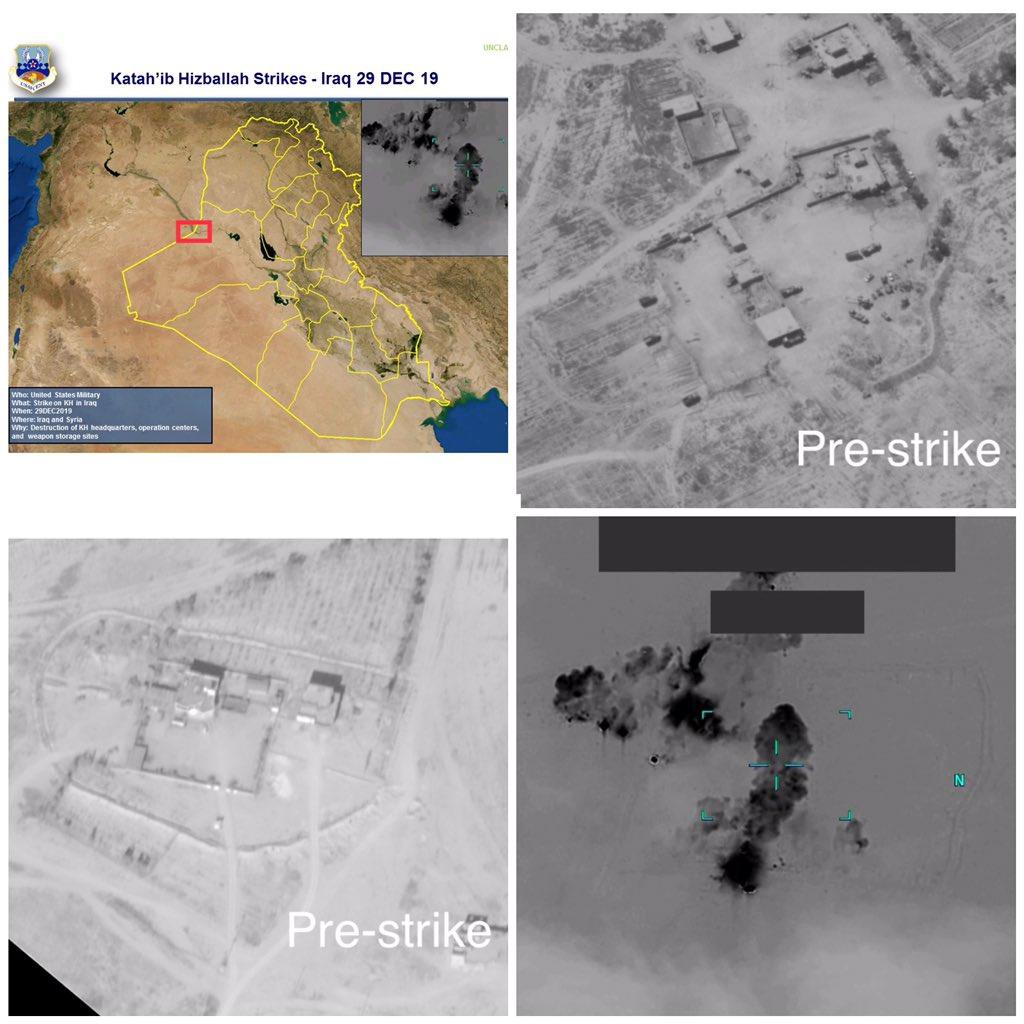 A combination of images depicts what the U.S. military says are bases of the Kataib Hezbollah militia group that were struck by U.S. forces, in the city of Al-Qa'im, Iraq, on Dec. 29, 2019. (U.S. Department of Defense/Handout via Reuters)
