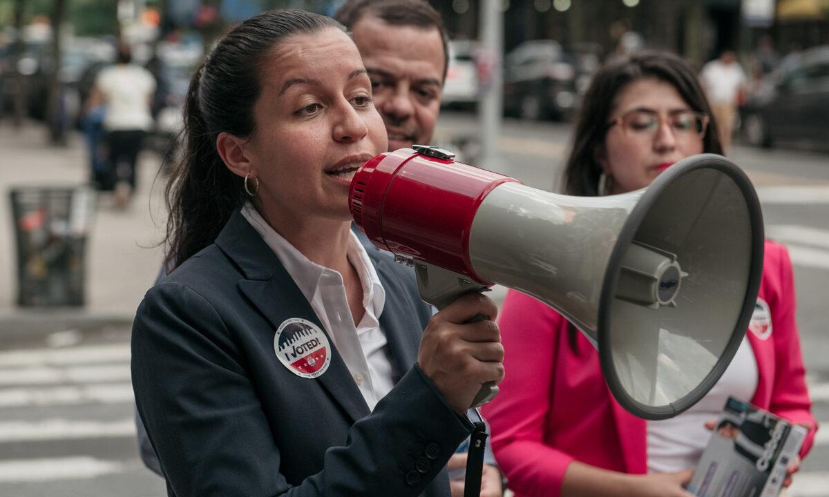 Public defender Tiffany Caban, then a candidate for Queens District Attorney, speaks with supporters in Jackson Heights, Queens, hours before polls closed for the borough's Democratic primary election, in the Queens borough of New York City, on June 25, 2019. (Scott Heins/Getty Images)