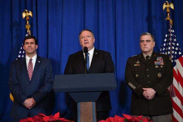 U.S. Secretary of State Mike Pompeo (C), U.S. Secretary of Defense Mark Esper (L) and Chairman of the Joint Chiefs of Staff U.S. Army Gen. Mark A. Milley (R) speak on stage during a briefing in Mar a Lago, Palm Beach, Florida, on Dec. 29, 2019. (NICHOLAS KAMM/AFP via Getty Images)