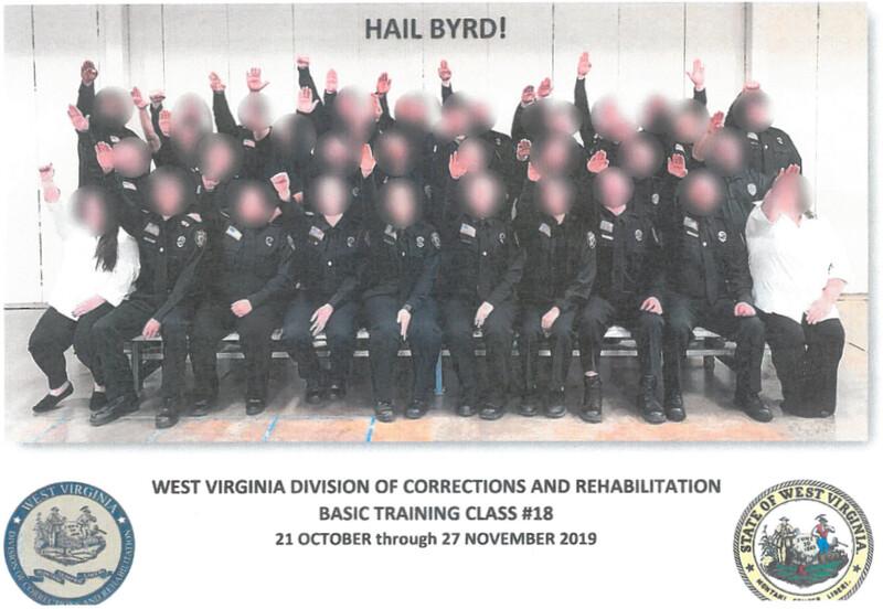 The class photo showing members of the basic training class with their hands outstretched in what appears to be a Nazi salute. It's captioned "Hail Byrd" in a reference to an instructor named Byrd.<br/>(West Virginia Department of Military Affairs and Public Safety)