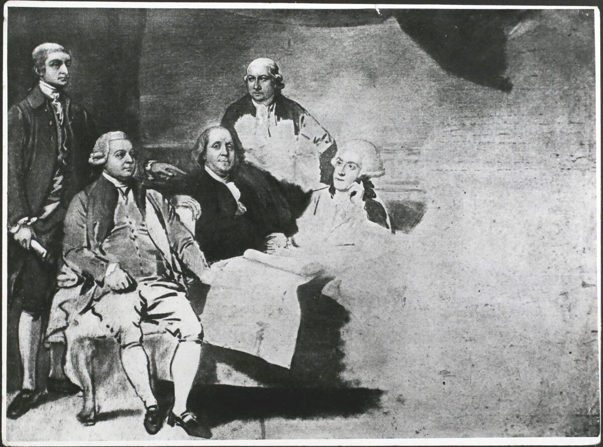 The American Peace Commissioners negotiating the Peace of Paris at the end of the American Revolutionary War, circa 1782: (L-R) John Jay, John Adams, Benjamin Franklin, Henry Laurens, and Franklin's grandson William Temple Franklin. From an unfinished painting by Benjamin West. (Hulton Archive/Getty Images)
