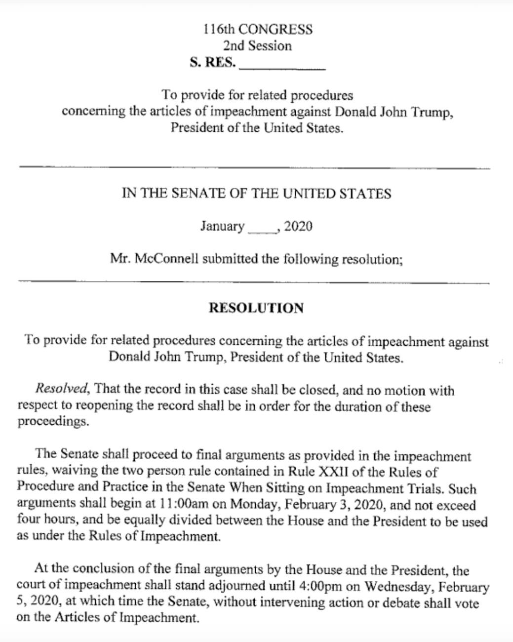 Senate Majority Leader Mitch McConnell's resolution laying out procedures on articles of impeachment in the trial of President Donald Trump.