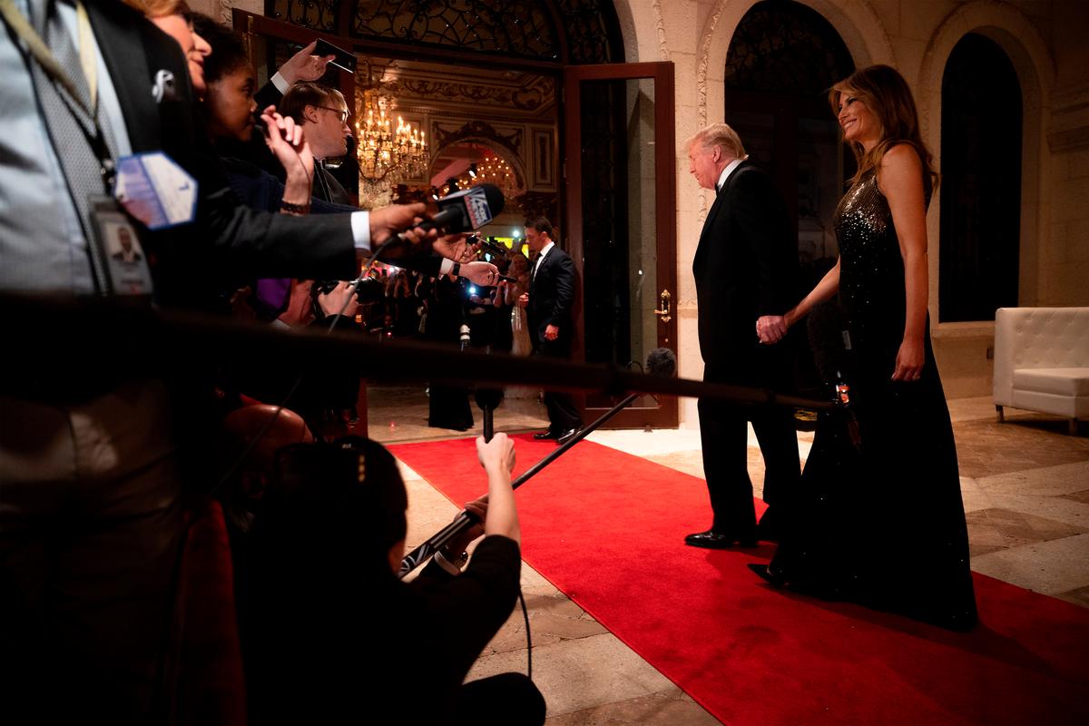 U.S. President Donald Trump and First Lady Melania Trump arrive for a New Year's celebration at Mar-a-Lago in Palm Beach, Fla, on Dec. 31, 2019. (Jim Watson/AFP via Getty Images)