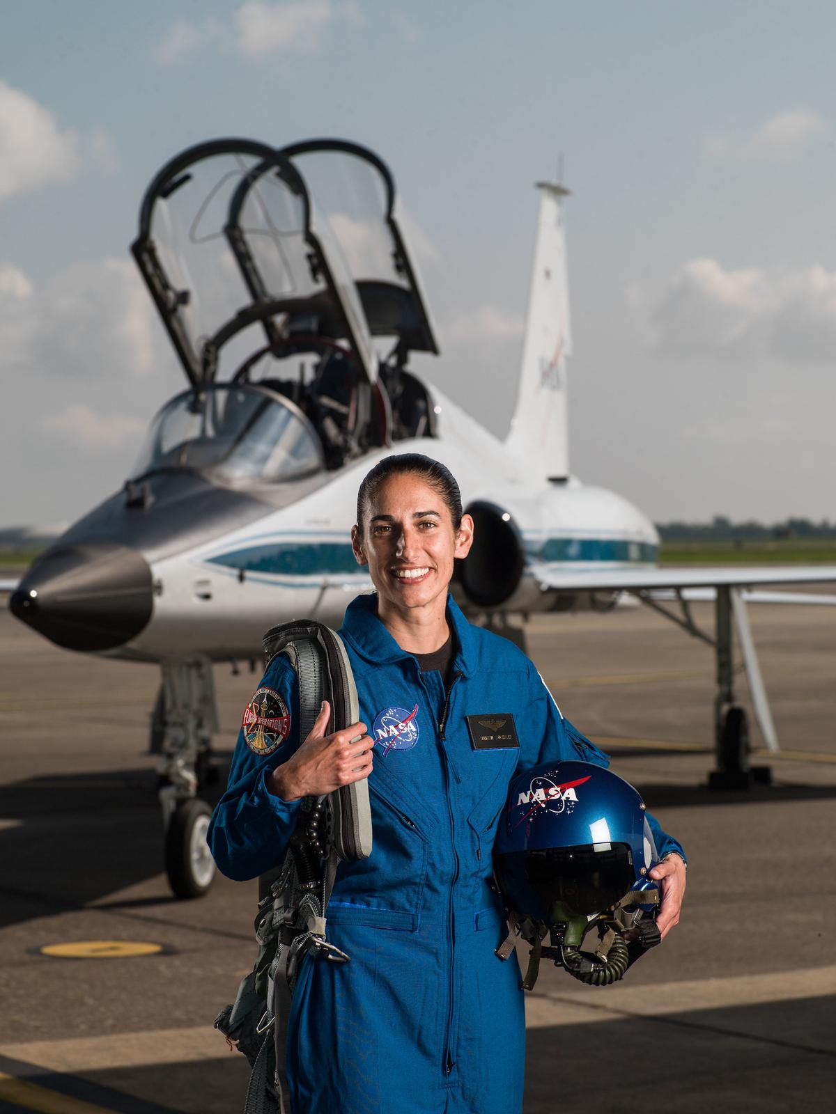 NASA astronaut candidate Jasmin Moghbeli pictured at Ellington Field Joint Reserve Base in Houston, Texas, on June 6, 2017 (©NASA | <a href="https://www.flickr.com/photos/nasa2explore/42959442420/in/album-72157698260056092/">Robert Markowitz</a>)