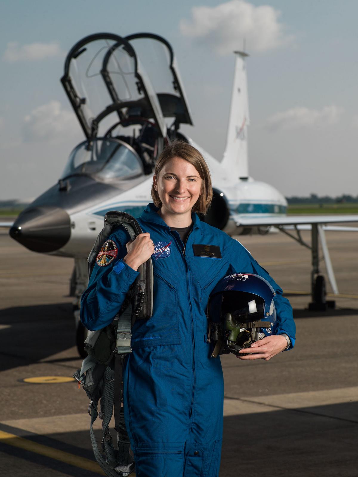 NASA astronaut candidate Kayla Barron pictured at Ellington Field Joint Reserve Base in Houston, Texas, on June 6, 2017 (©NASA | <a href="https://www.flickr.com/photos/nasa2explore/29832827997/in/album-72157698260056092/">Robert Markowitz</a>)