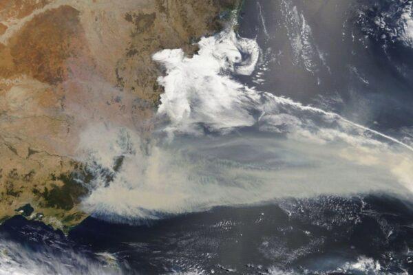 NASA's Terra satellite image made available by the Moderate Resolution Imaging Spectroradiometer (MODIS), shows thick smoke blanketing southeastern Australia along the border of Victoria and New South Wales on Jan 2, 2020. (NASA via AP)