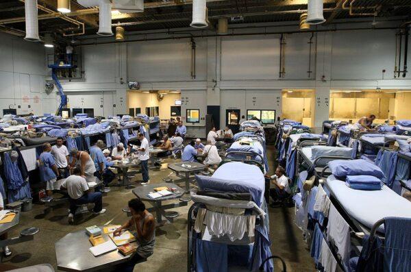 Inmates at the Mule Creek State Prison interact in a gymnasium that was modified to house prisoners in Ione, Calif., on Aug. 28, 2007. (Justin Sullivan/Getty Images)