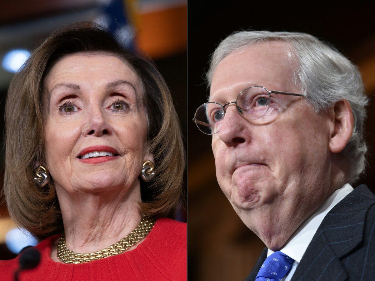 House Speaker Nancy Pelosi (D-Calif.), left, at a press conference on Capitol Hill on, Dec. 19, 2019 and Senate Majority Leader Mitch McConnell (R-Ky.) at a media availability on Capitol Hill in Washington on Nov. 7, 2018. (Saul Loeb and Nicholas Kamm/AFP via Getty Images)
