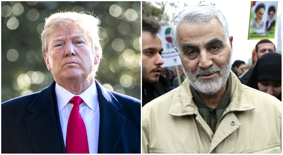 (L) President Donald Trump speaks to the media before departing the White House to Joint Base Andrews en route to San Diego, Calif., on March 13, 2018. (Samira Bouaou/The Epoch Times)<br/>(R) Revolutionary Guard Gen. Qassem Soleimani attends an annual rally commemorating the anniversary of the 1979 Islamic revolution, in Tehran, Iran on Feb. 11, 2016. (Ebrahim Noroozi/AP Photo)