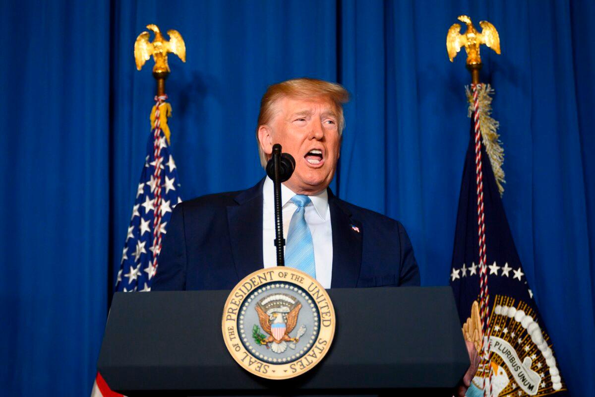 President Donald Trump makes a statement on Iran at the Mar-a-Lago estate in Palm Beach Florida, after the United States killed Iranian General Qassem Soleimani, on Jan. 3, 2020. (Jim Watson/AFP via Getty Images)