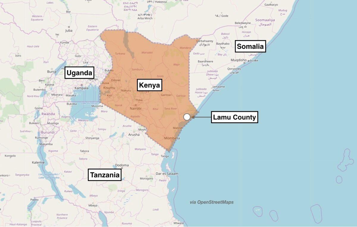Map showing the approximate location of the terror attack in Lamu County, Kenya. The U.S. military said an Al-Qaeda affiliated group attacked Manda Bay Airfield, Kenya, on Jan. 5, 2020. (OpenStreetMaps)