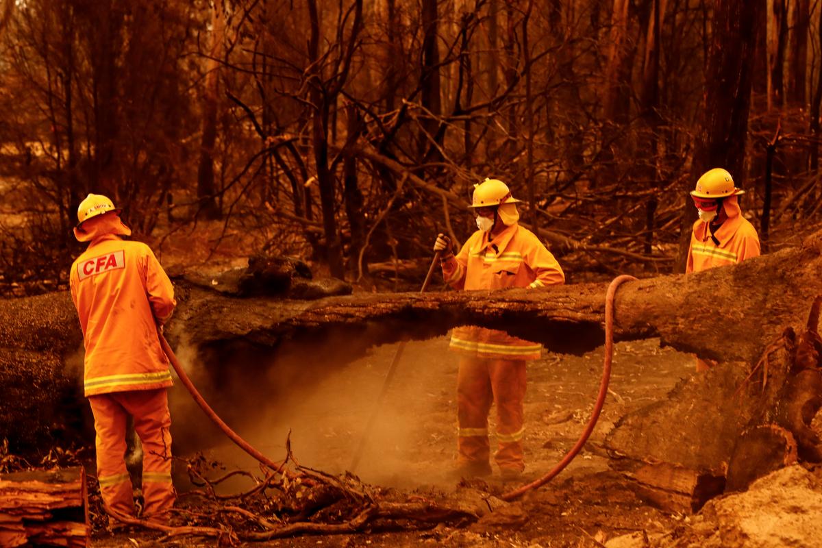 Firefighters put out spot fires in Sarsfield, Australia, on Jan. 4, 2020. (©Getty Images | <a href="https://www.gettyimages.com/detail/news-photo/fire-crews-put-out-spot-fires-on-january-04-2020-in-news-photo/1197419461?adppopup=true">Darrian Traynor</a>)