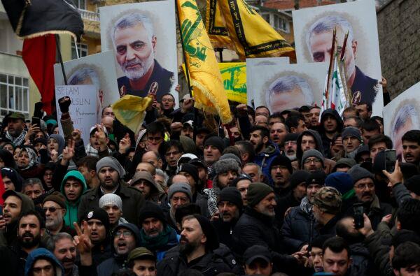 Protesters chant anti-U.S. slogans during a demonstration against the killing of Iranian Revolutionary Guard Gen. Qassem Soleimani, close to United States' consulate in Istanbul on Jan. 5, 2020. (Lefteris Pitarakis/AP Photo)