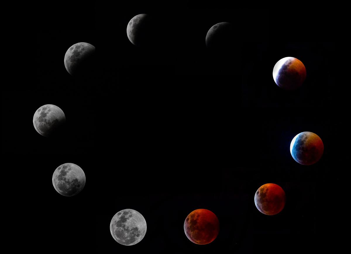 A composite photo depicts all phases of the Super Blood Wolf Moon total lunar eclipse as seen from Panama City on Jan. 20, 2019. (©Getty Images | <a href="https://www.gettyimages.com/detail/news-photo/composite-photo-shows-all-the-phases-of-the-so-called-super-news-photo/1085727088?adppopup=true">LUIS ACOSTA</a>)