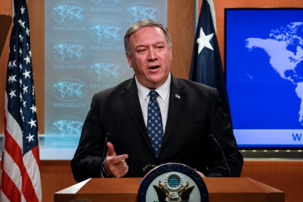 Secretary of State Mike Pompeo holds a press briefing at the State Department in Washington on Jan. 7, 2020. (Charlotte Cuthbertson/The Epoch Times)