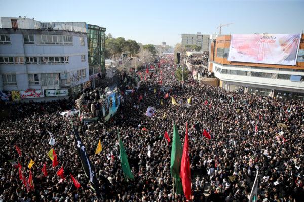 Iranians attend a funeral procession for Major-General Qassem Soleimani, head of the elite Quds Force, who was killed in an air strike at Baghdad airport, at his hometown in Kerman, Iran, on Jan. 7, 2020. (Mehdi Bolourian/Fars News Agency/West Asia News Agency via Reuters)