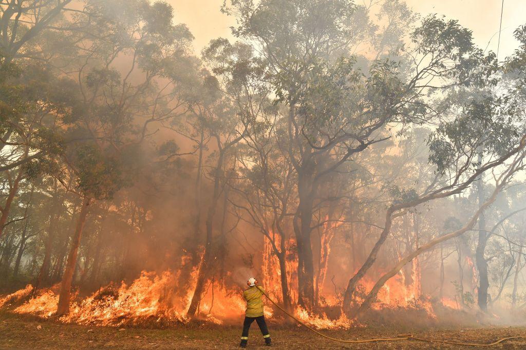 A firefighter "back-burning" in order to secure residential areas from encroaching bushfires in the Central Coast, 100 kilometers north of Sydney, on Dec. 10, 2019 (©Getty Images | <a href="https://www.gettyimages.com/detail/news-photo/this-photo-taken-on-december-10-2019-shows-a-firefighter-news-photo/1187783776?adppopup=true">SAEED KHAN</a>)