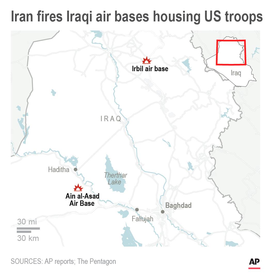 Map showing Iran missile strikes against two Iraqi air bases housing U.S. troops. (AP)